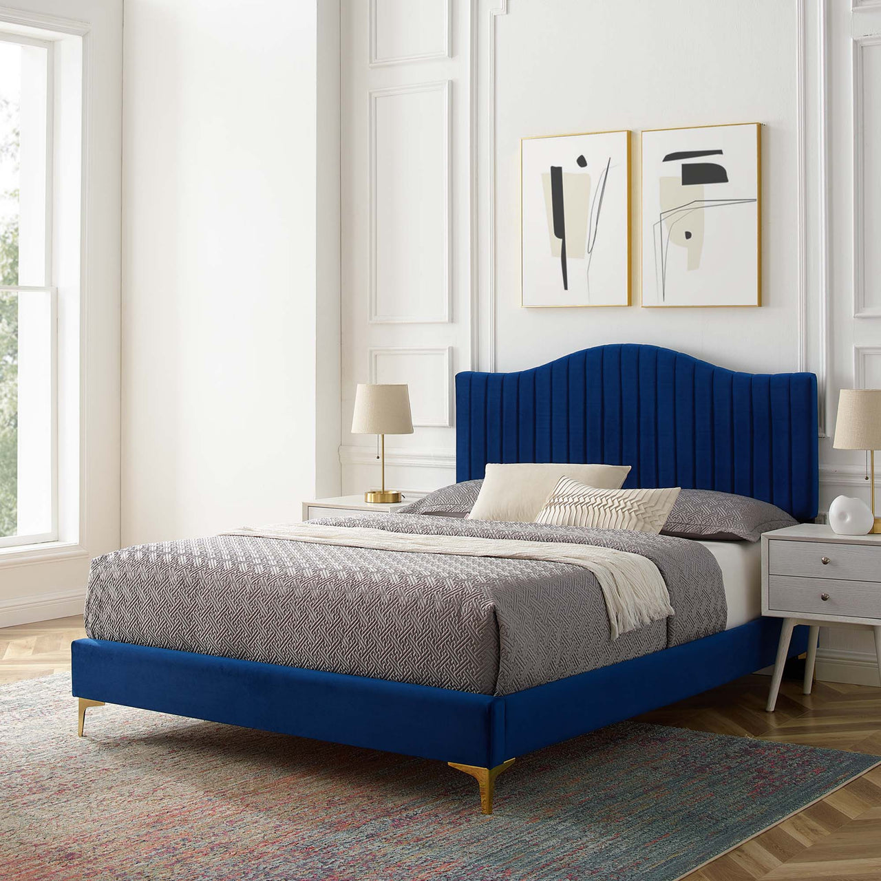 Cascade Upholstered Velvet Queen Platform Bed, Navy