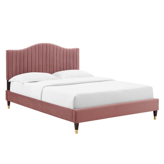 Cascade Upholstered Velvet Queen Platform Bed, Dusty Rose