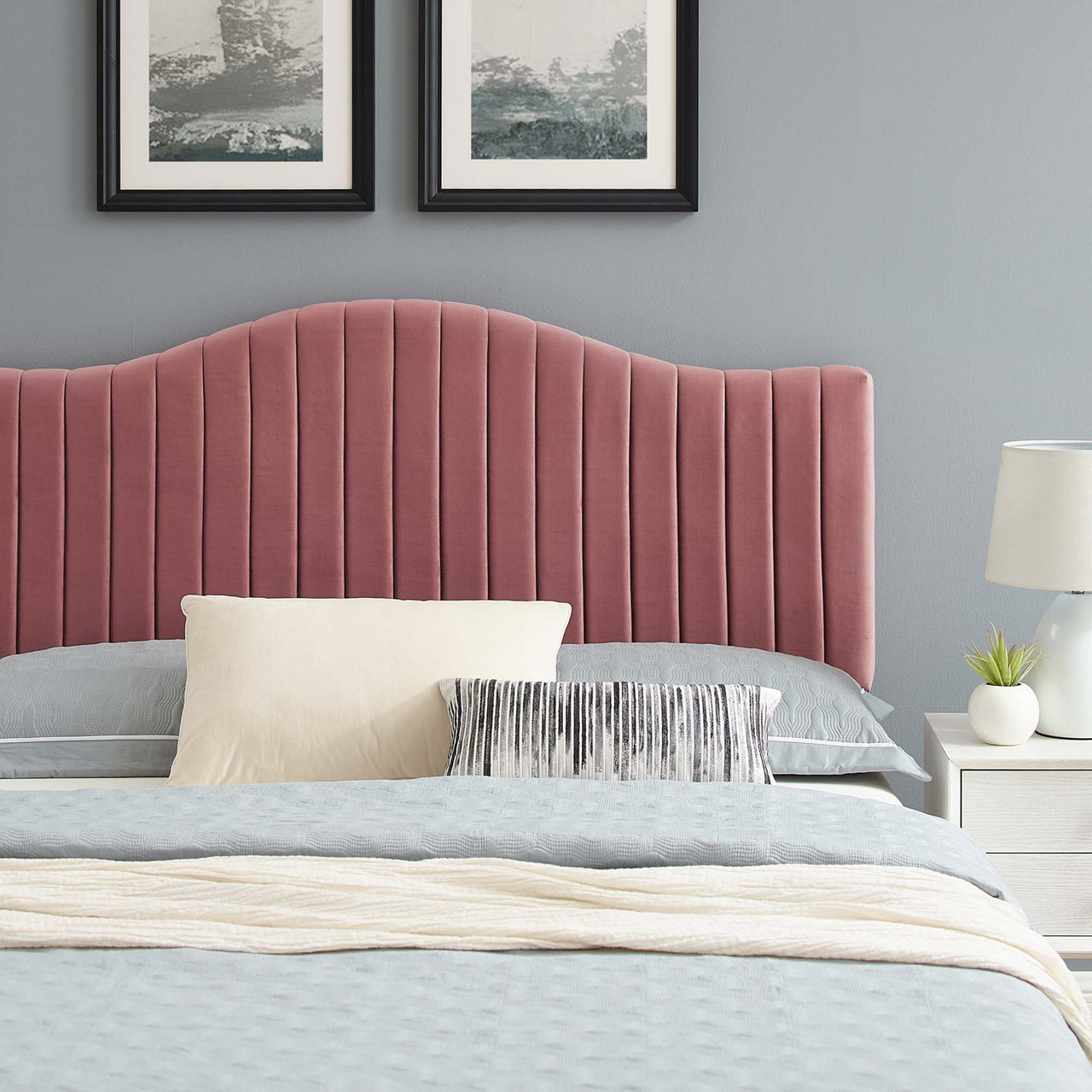Cascade Upholstered Velvet Twin Platform Bed, Dusty Rose