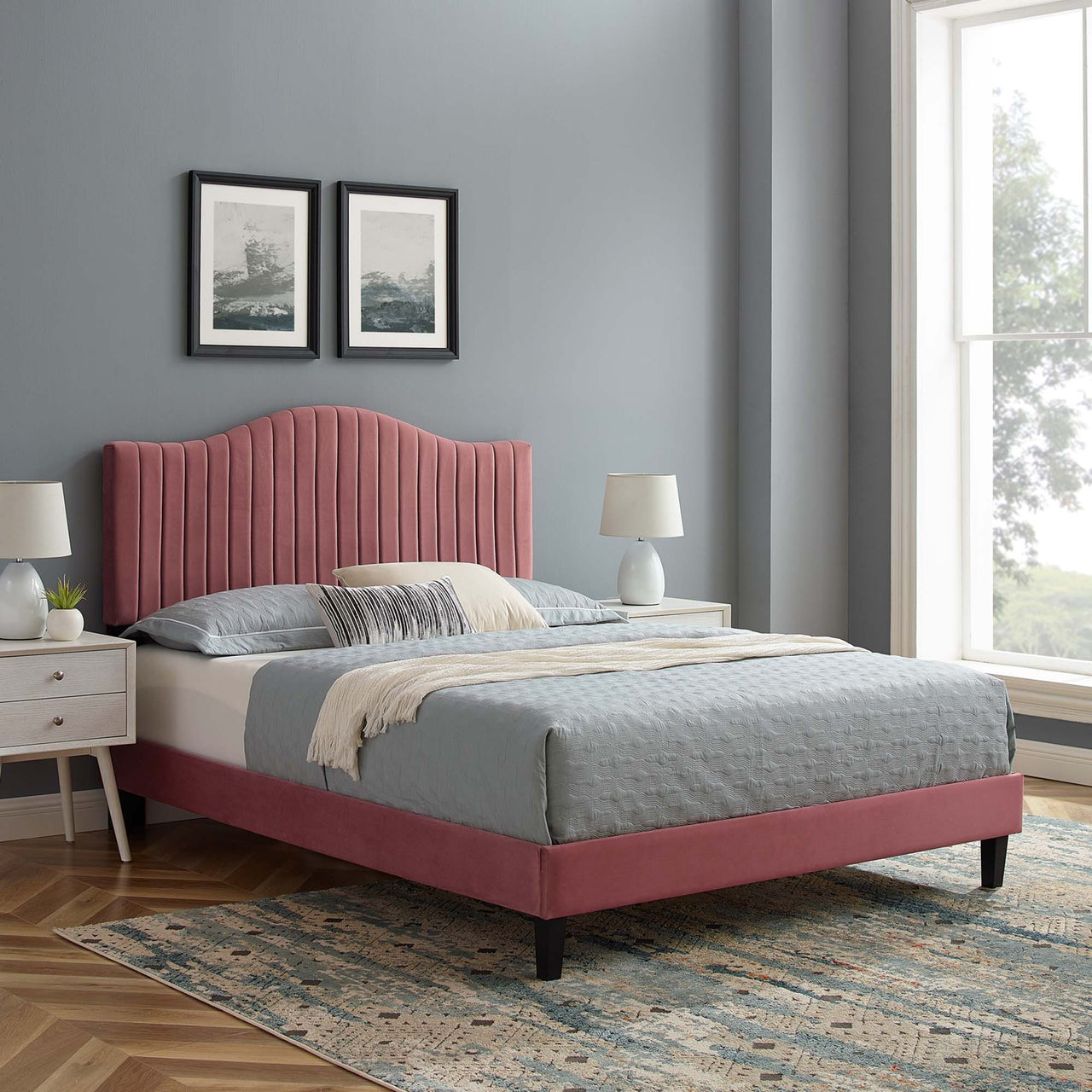Cascade Upholstered Velvet Twin Platform Bed, Dusty Rose