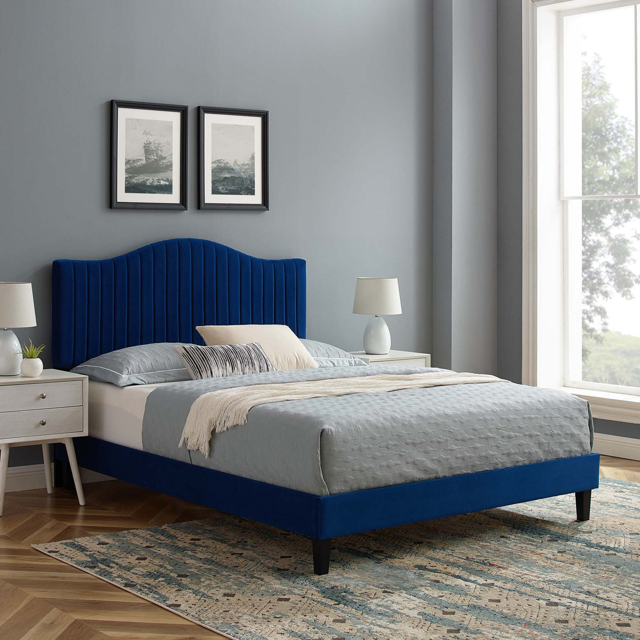 Cascade Upholstered Velvet Full Platform Bed, Navy