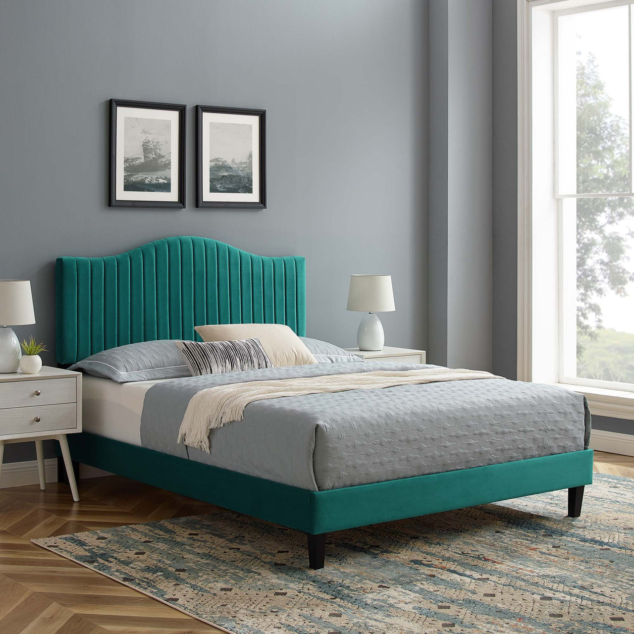 Cascade Upholstered Velvet Full Platform Bed, Teal