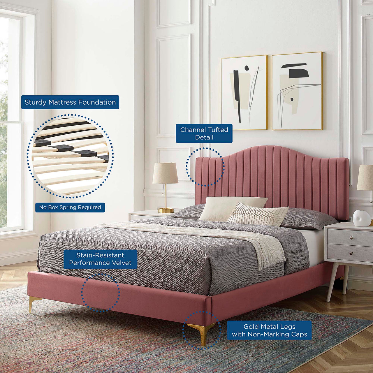 Cascade Upholstered Velvet King Platform Bed, Dusty Rose