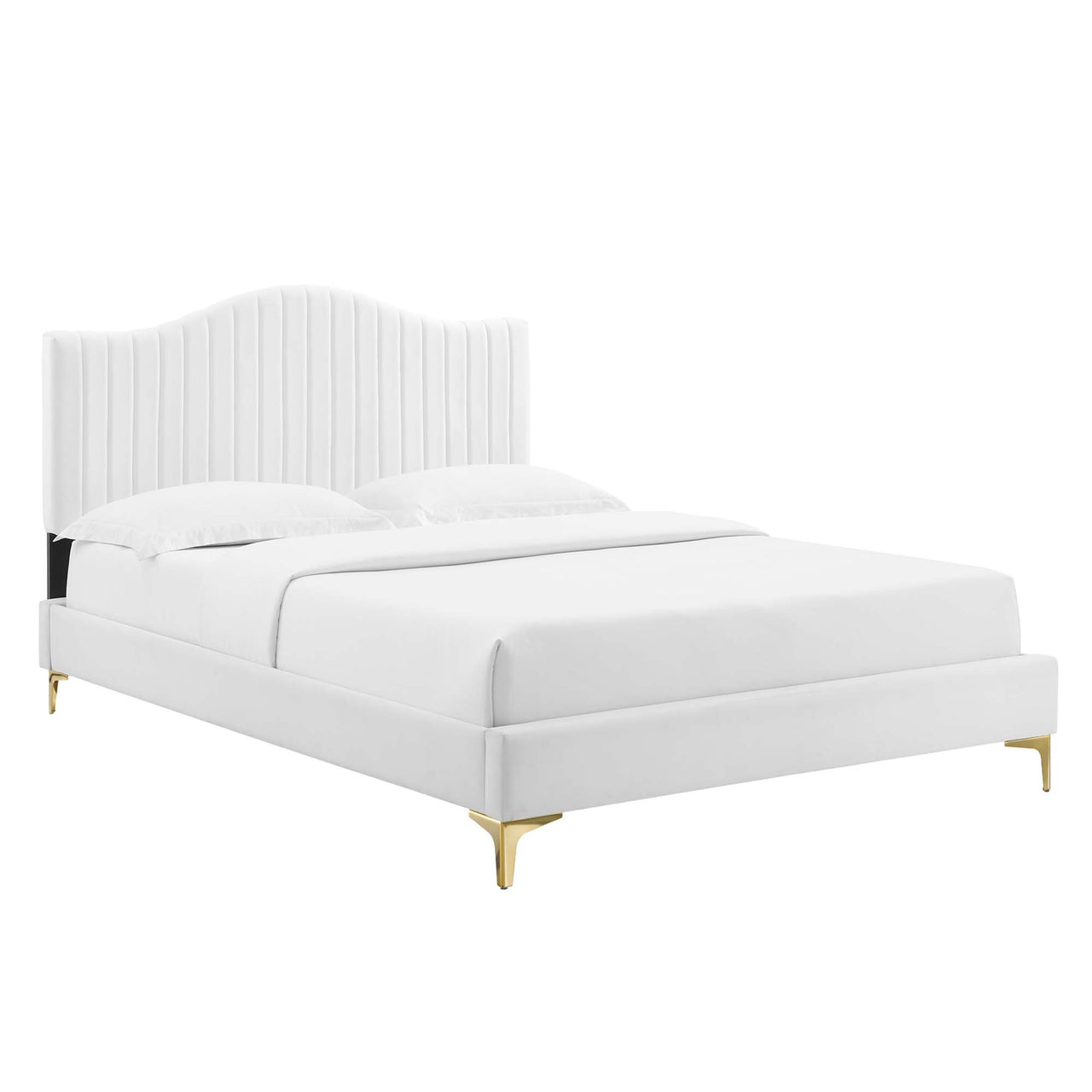 Cascade Upholstered Velvet King Platform Bed, White