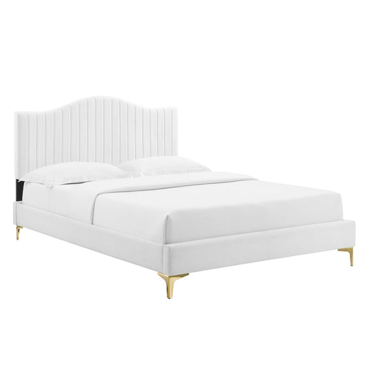 Cascade Upholstered Velvet King Platform Bed, White
