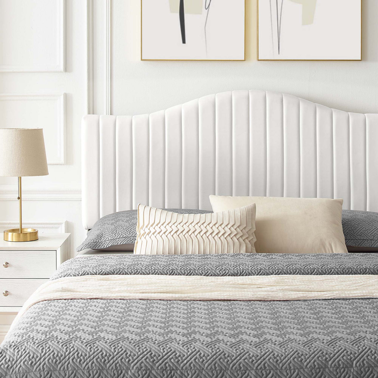 Cascade Upholstered Velvet King Platform Bed, White