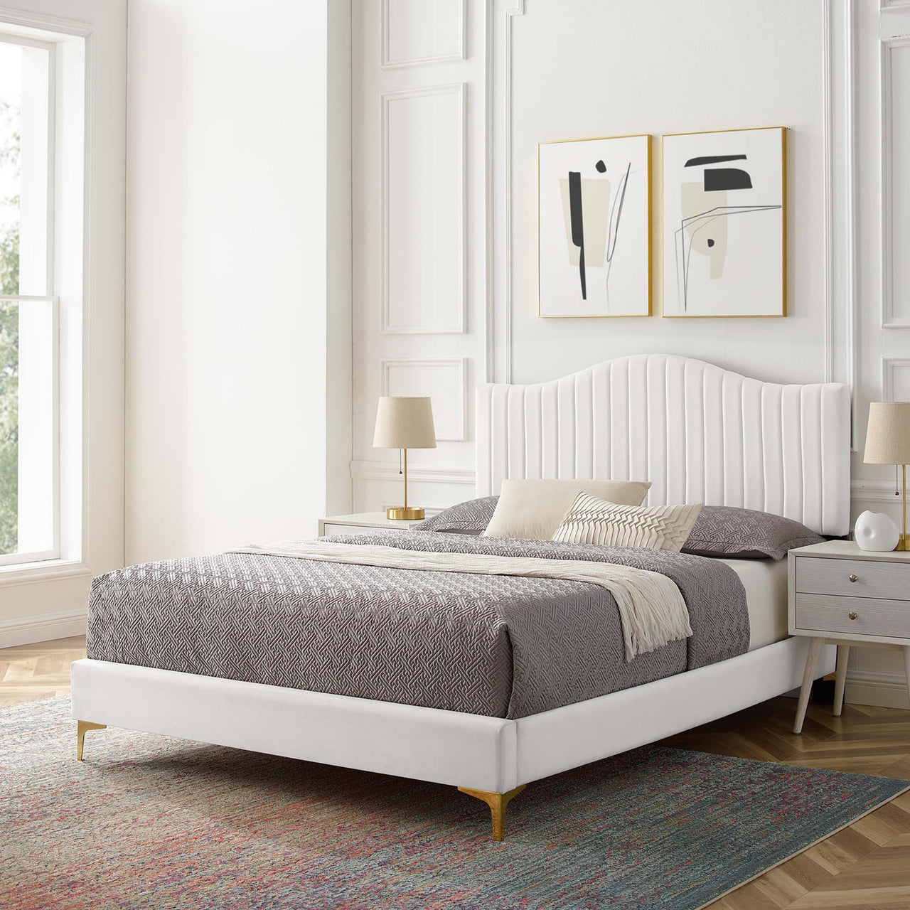 Cascade Upholstered Velvet King Platform Bed, White