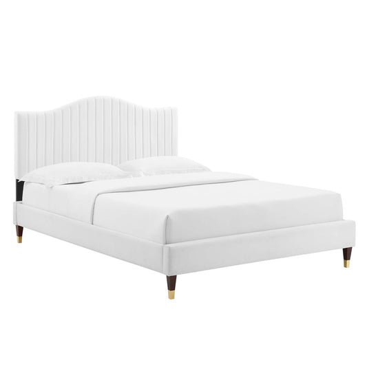 Cascade Upholstered Velvet King Platform Bed, White