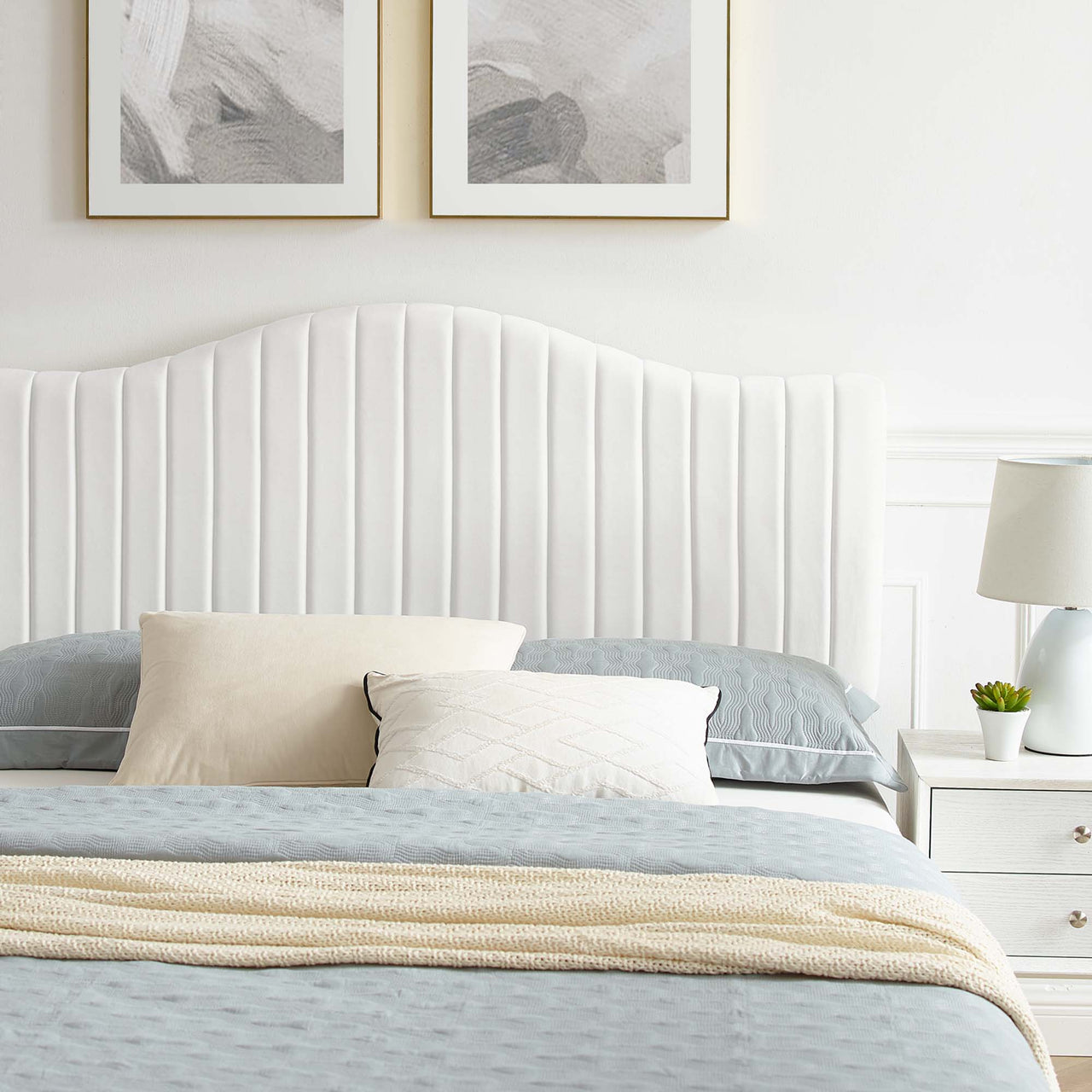 Cascade Upholstered Velvet King Platform Bed, White