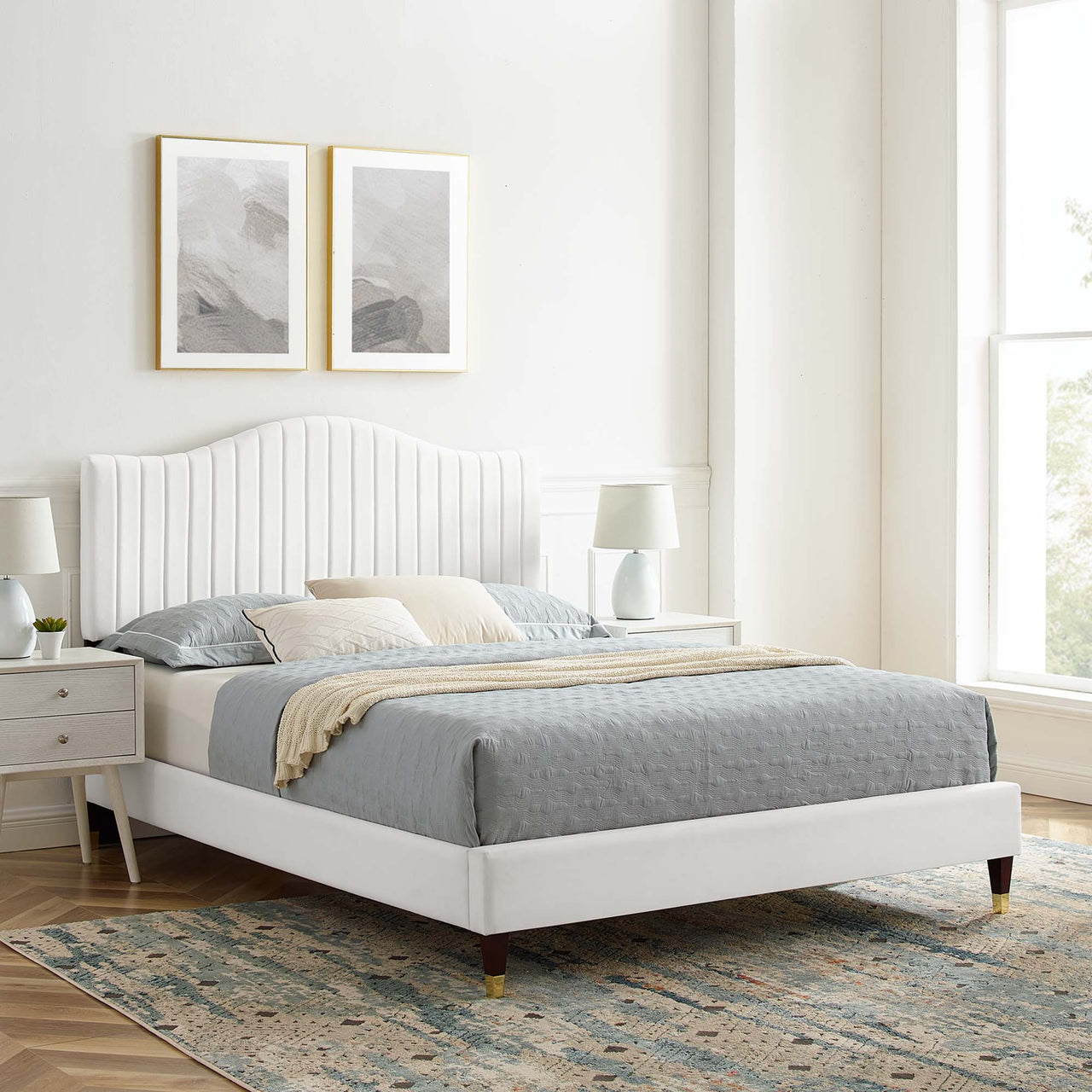 Cascade Upholstered Velvet King Platform Bed, White