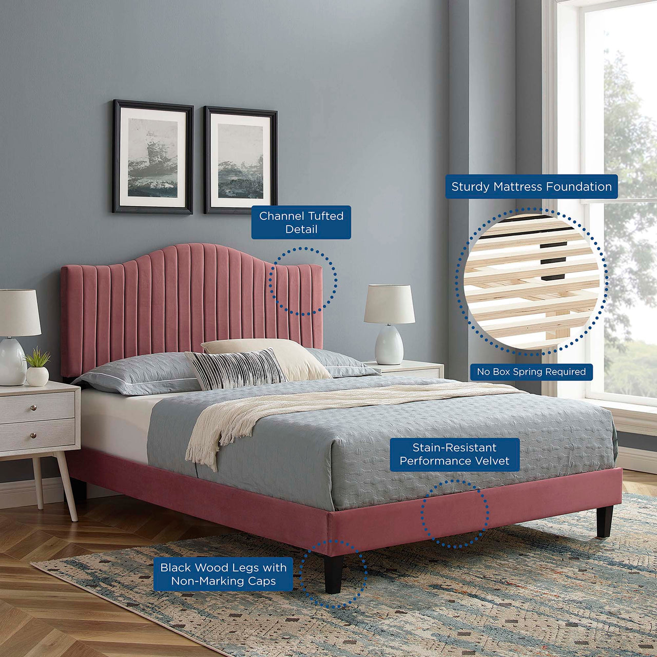 Cascade Upholstered Velvet King Platform Bed, Dusty Rose