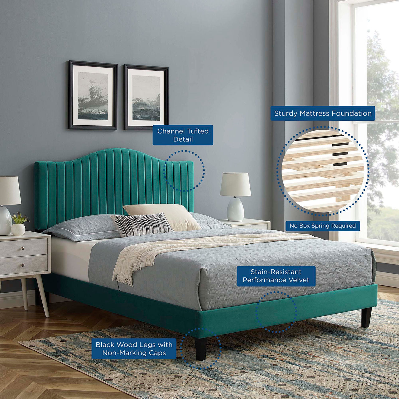 Cascade Upholstered Velvet King Platform Bed, Teal