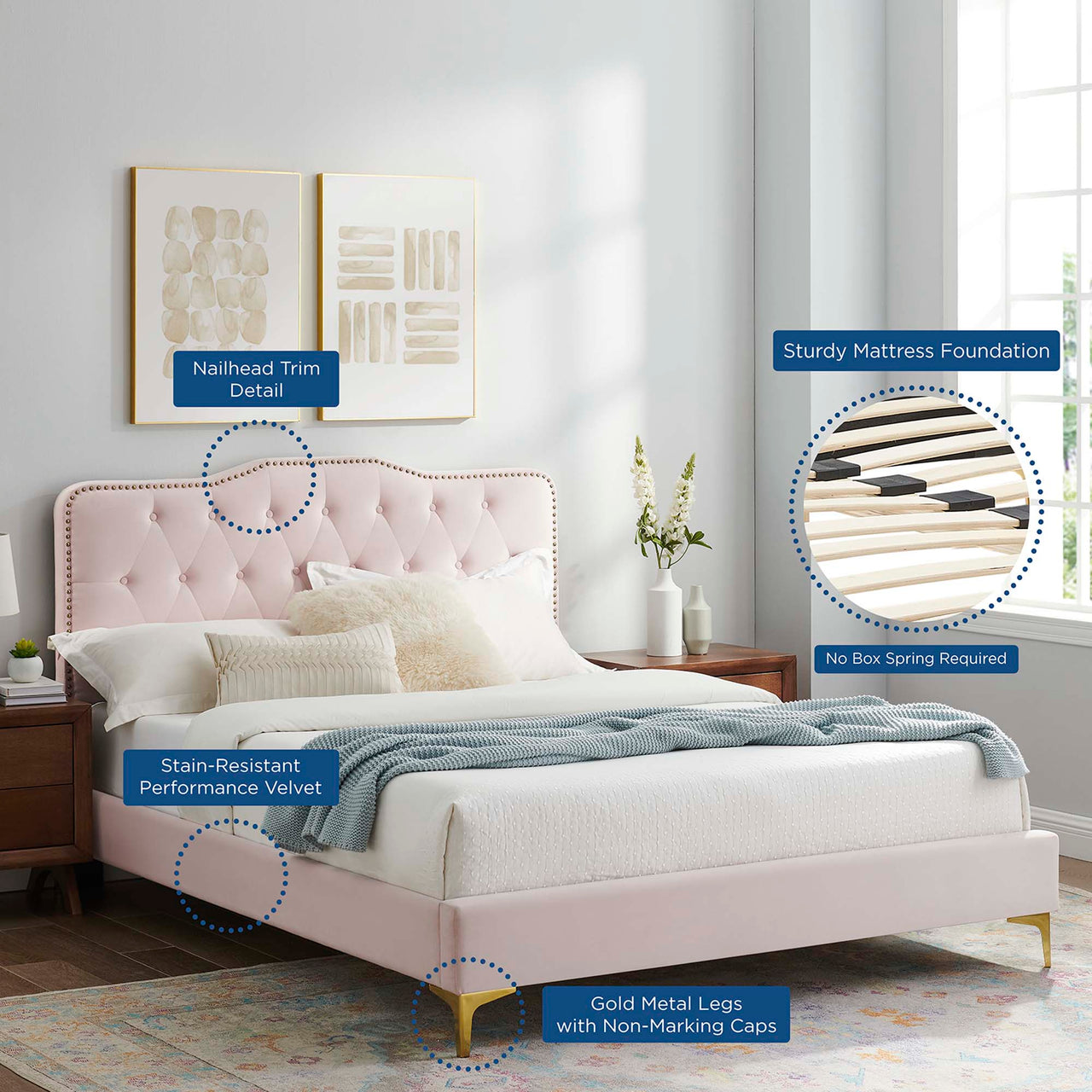 Marcelle Velvet Queen Platform Bed w/ Metal Legs, Pink