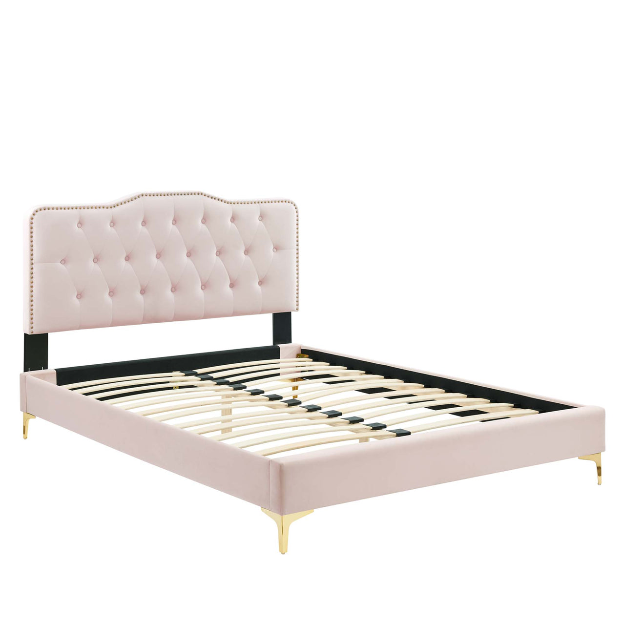 Marcelle Velvet Queen Platform Bed w/ Metal Legs, Pink