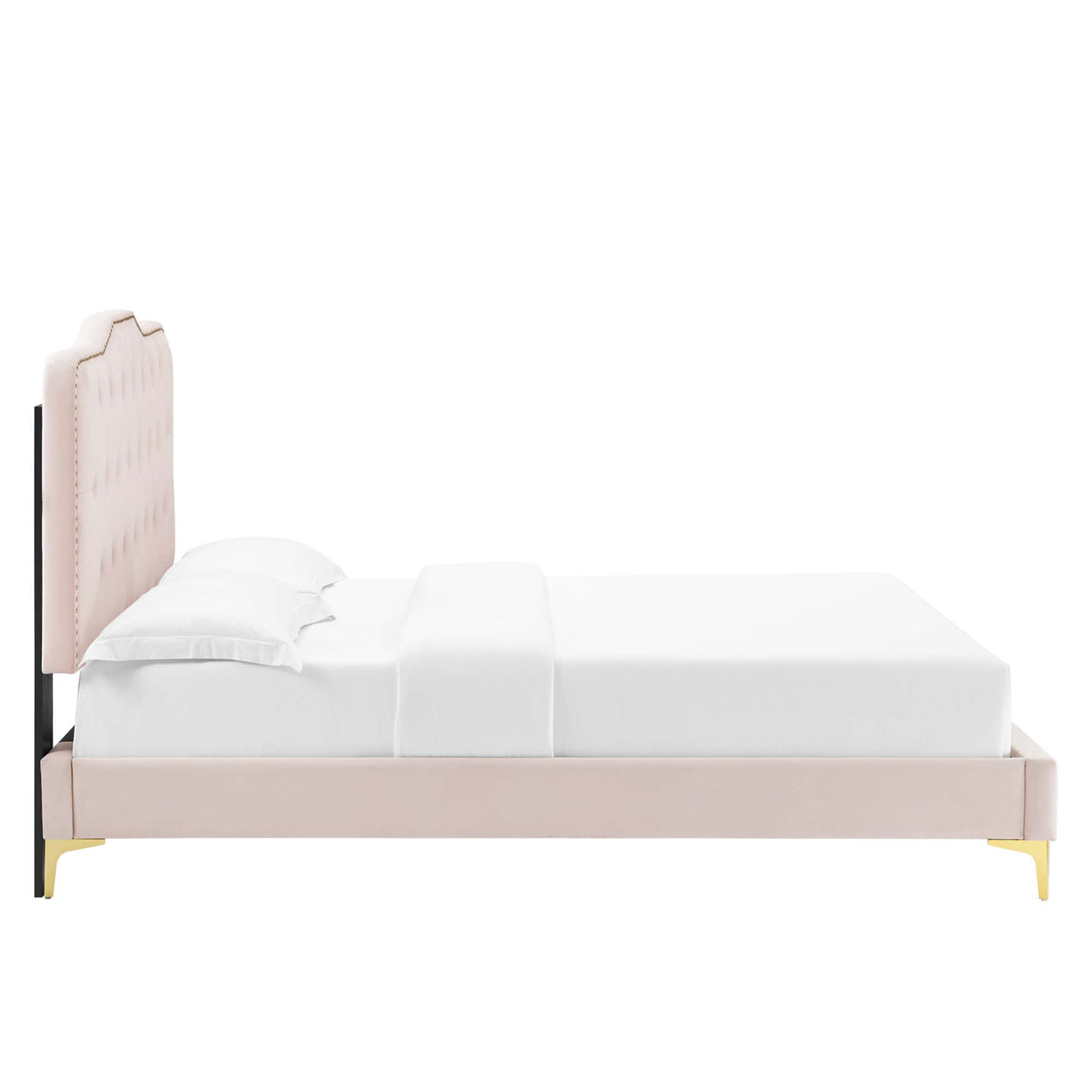 Marcelle Velvet Queen Platform Bed w/ Metal Legs, Pink