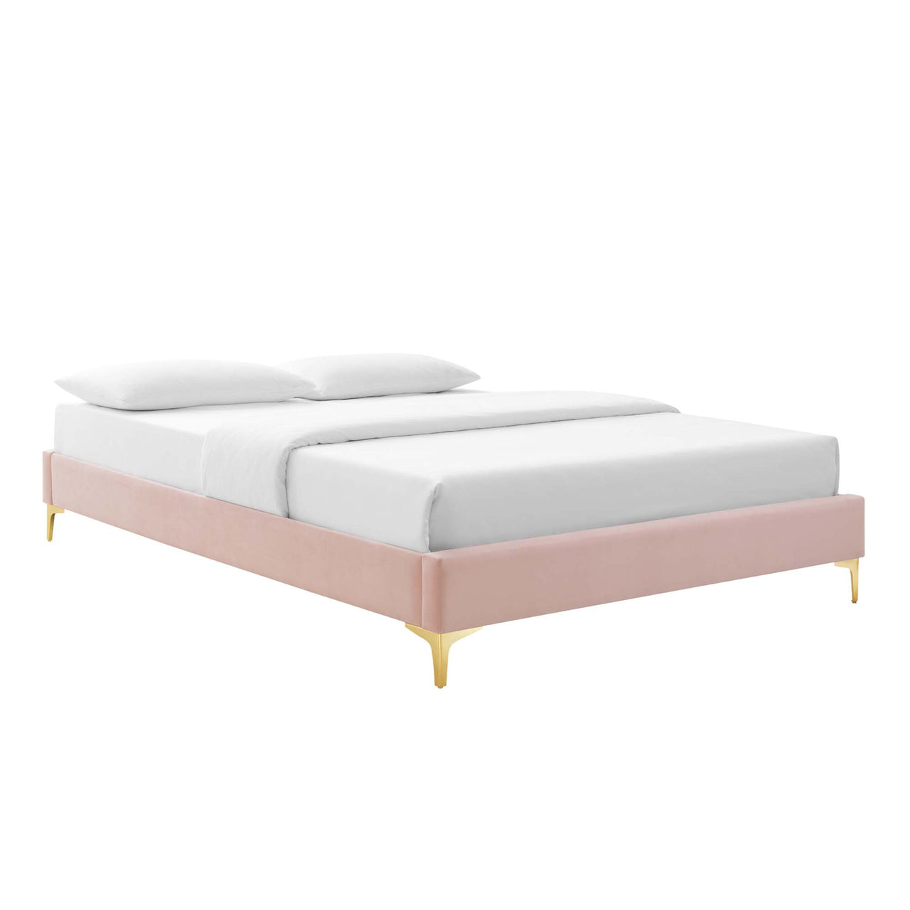 Marcelle Velvet Queen Platform Bed w/ Metal Legs, Pink