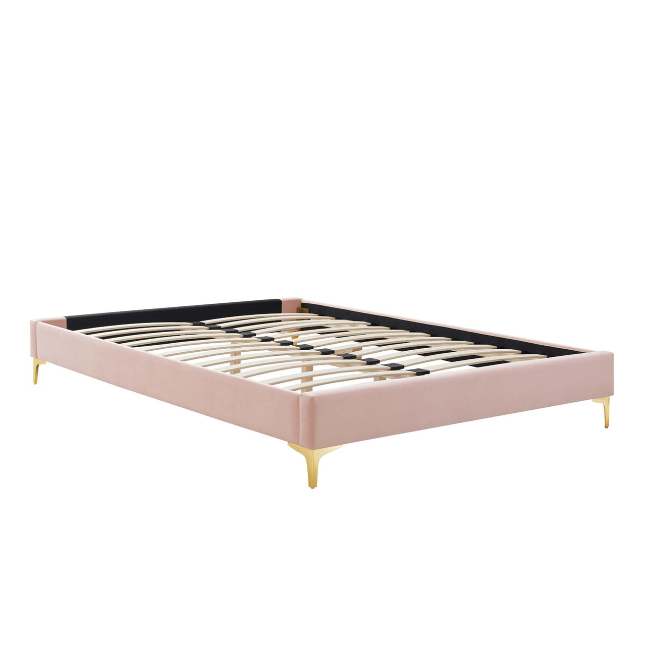Marcelle Velvet Queen Platform Bed w/ Metal Legs, Pink