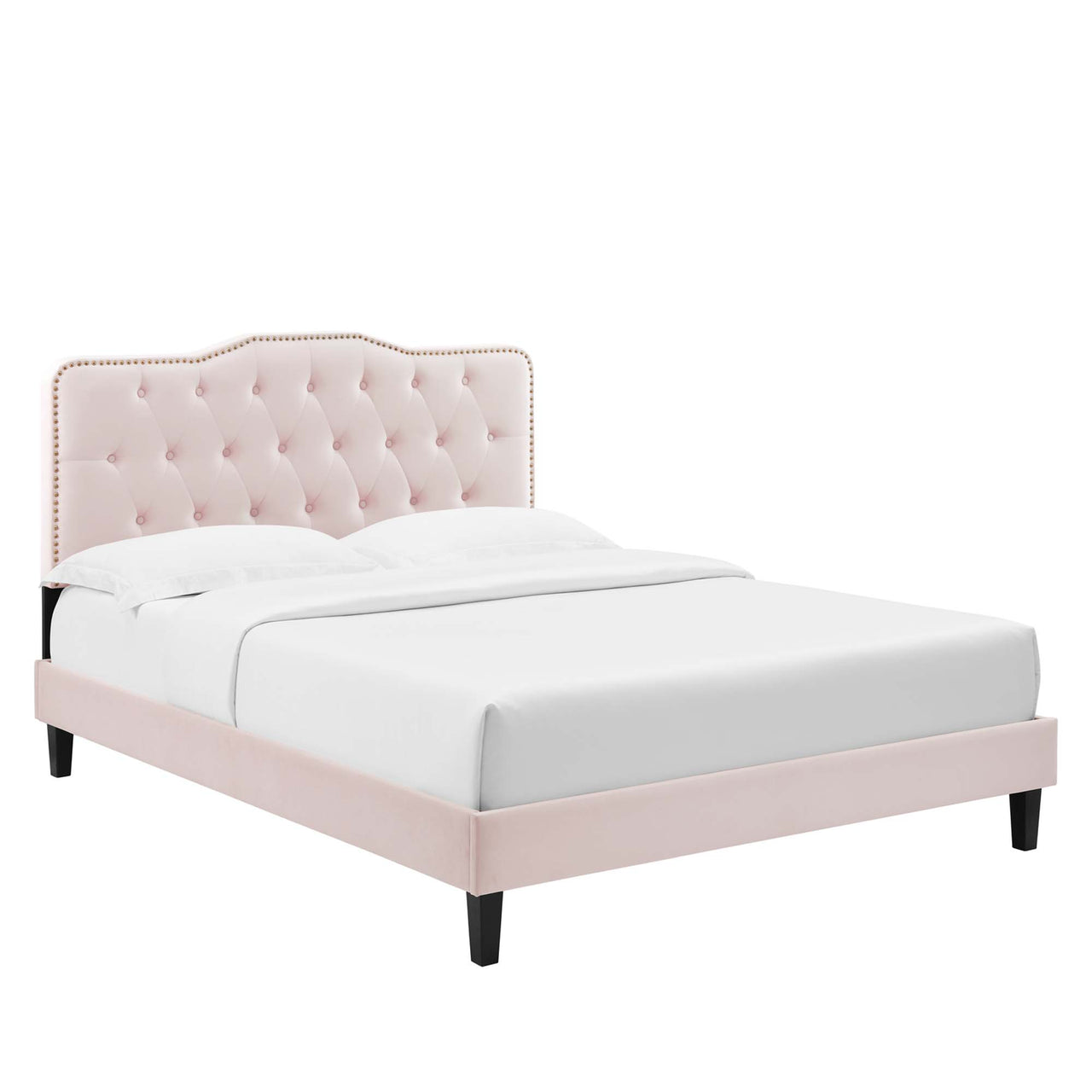 Marcelle Velvet Queen Platform Bed w/ Wood Legs, Pink