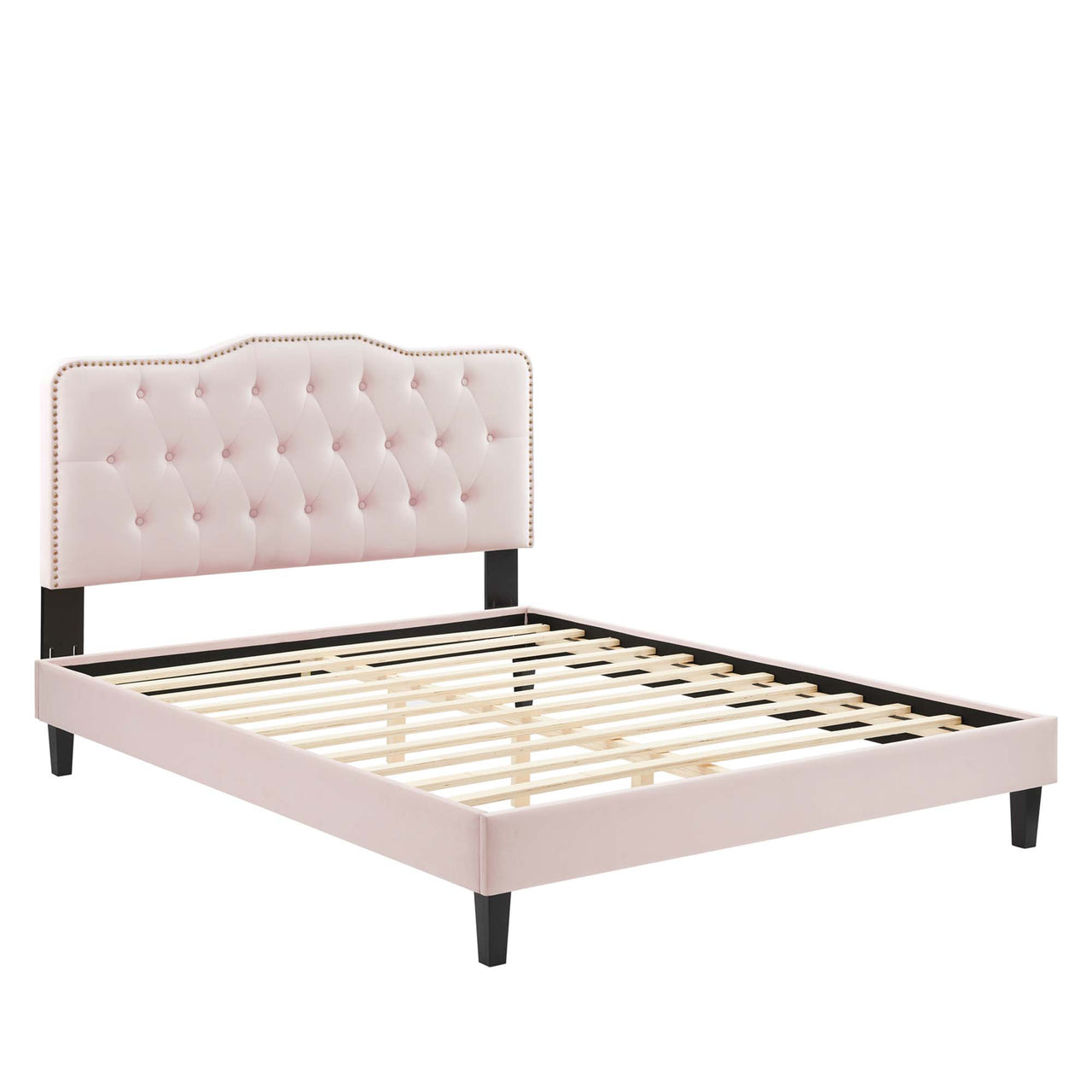 Marcelle Velvet Queen Platform Bed w/ Wood Legs, Pink