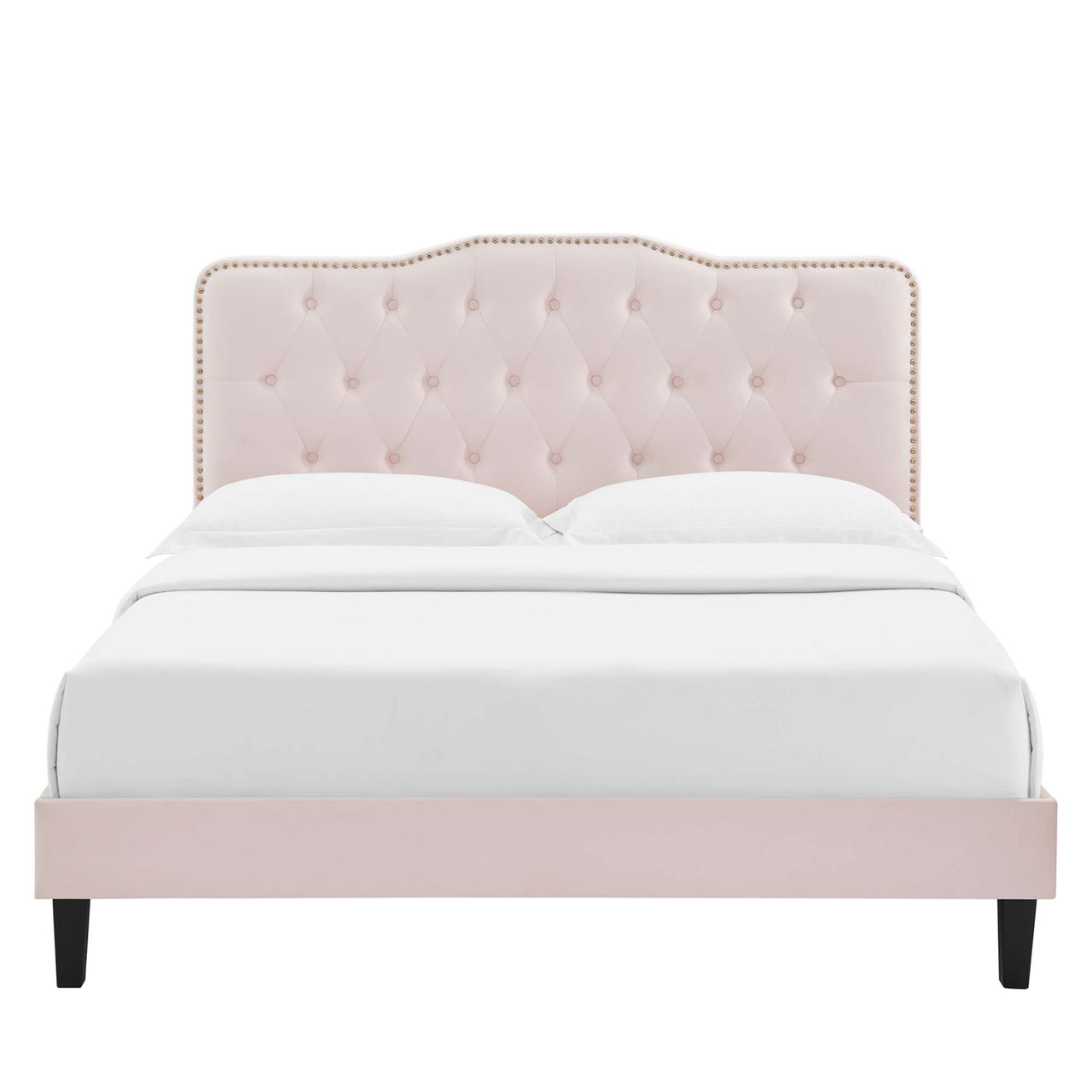 Marcelle Velvet Queen Platform Bed w/ Wood Legs, Pink