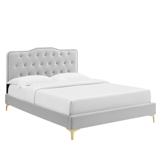 Marcelle Velvet Twin Platform Bed w/ Metal Legs, Light Gray