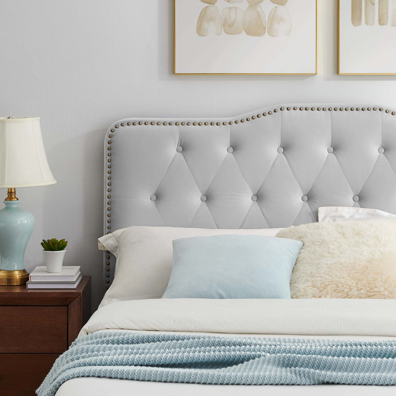 Marcelle Velvet Twin Platform Bed w/ Metal Legs, Light Gray