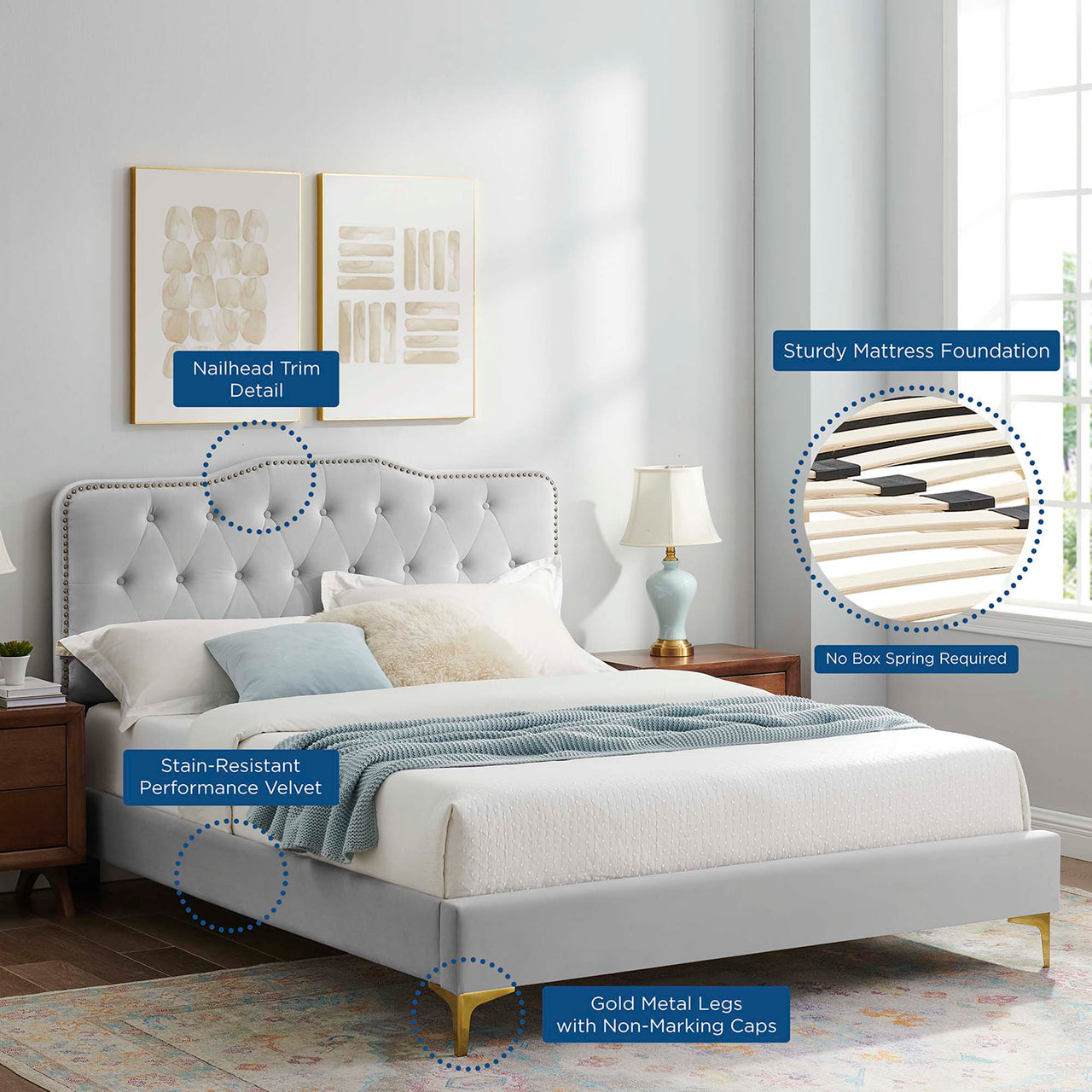 Marcelle Velvet Twin Platform Bed w/ Metal Legs, Light Gray