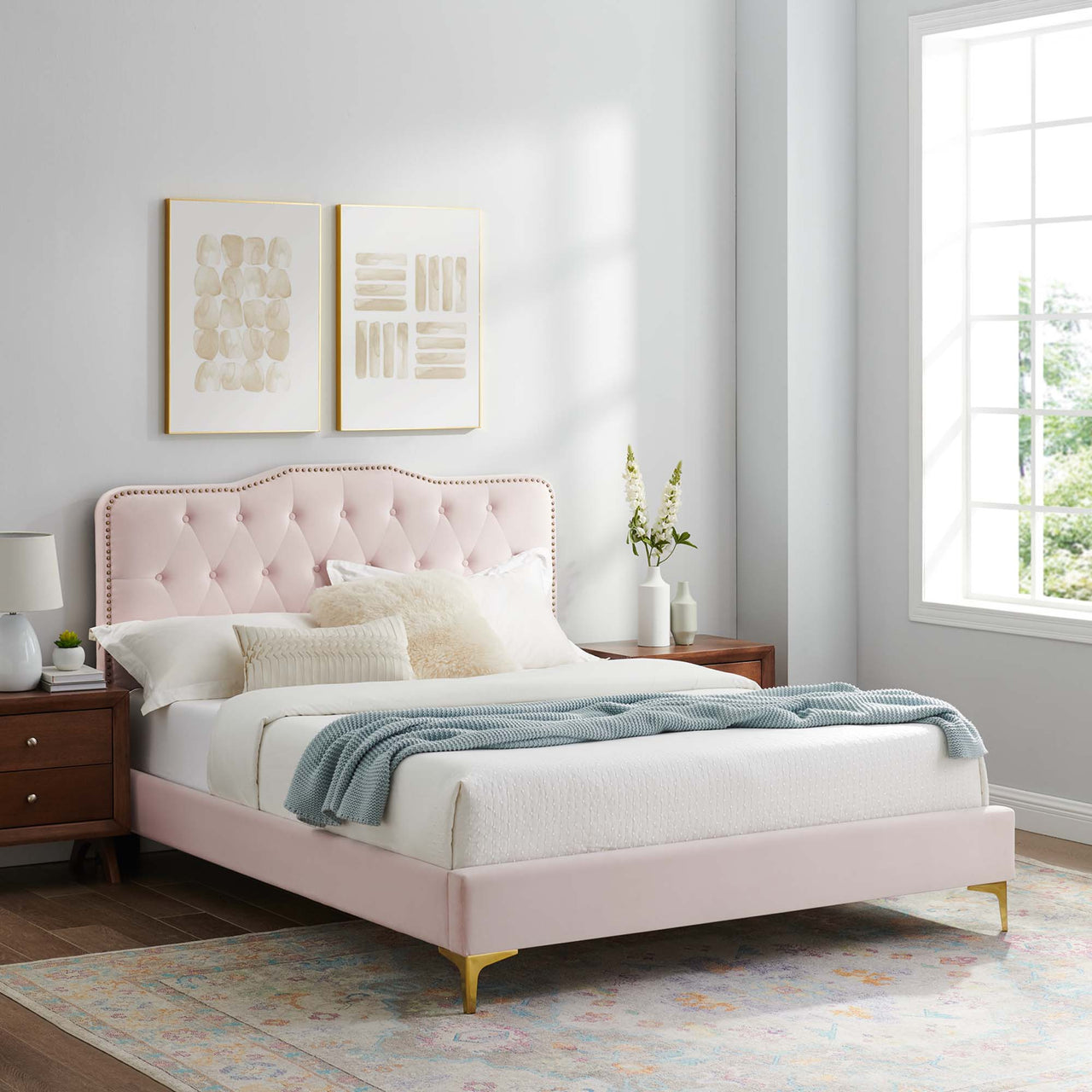 Marcelle Full Platform Bed w/ Metal Legs, Pink