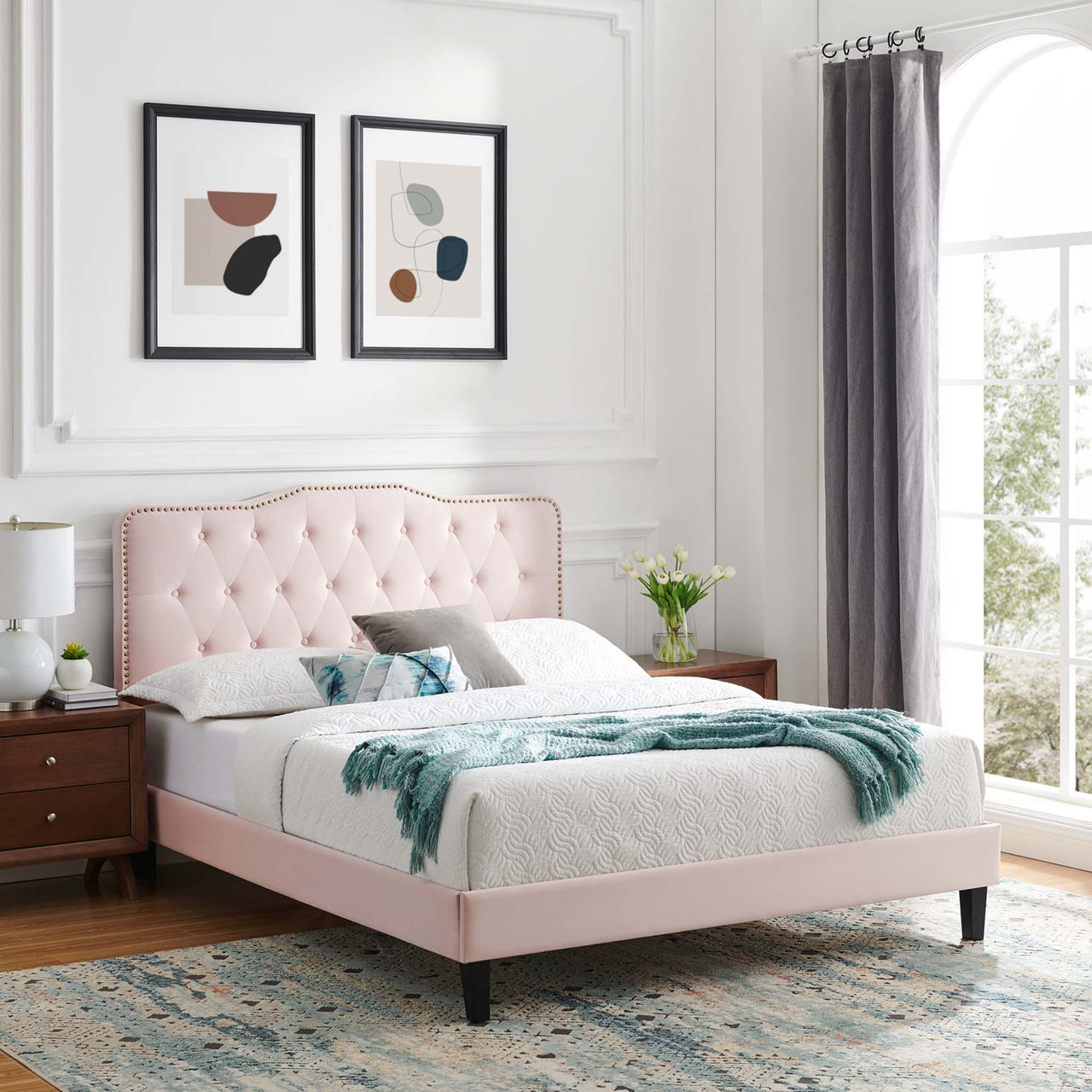 Marcelle Full Platform Bed w/ Wood Legs, Pink