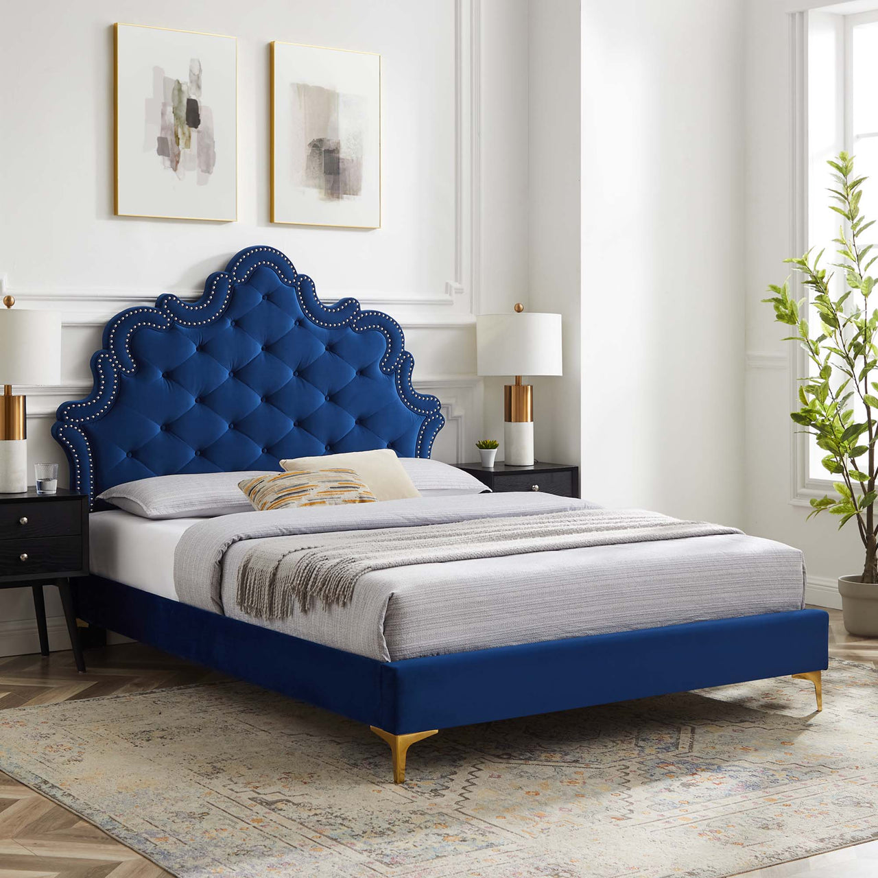 Iscira Upholstered Velvet Twin Bed, Navy