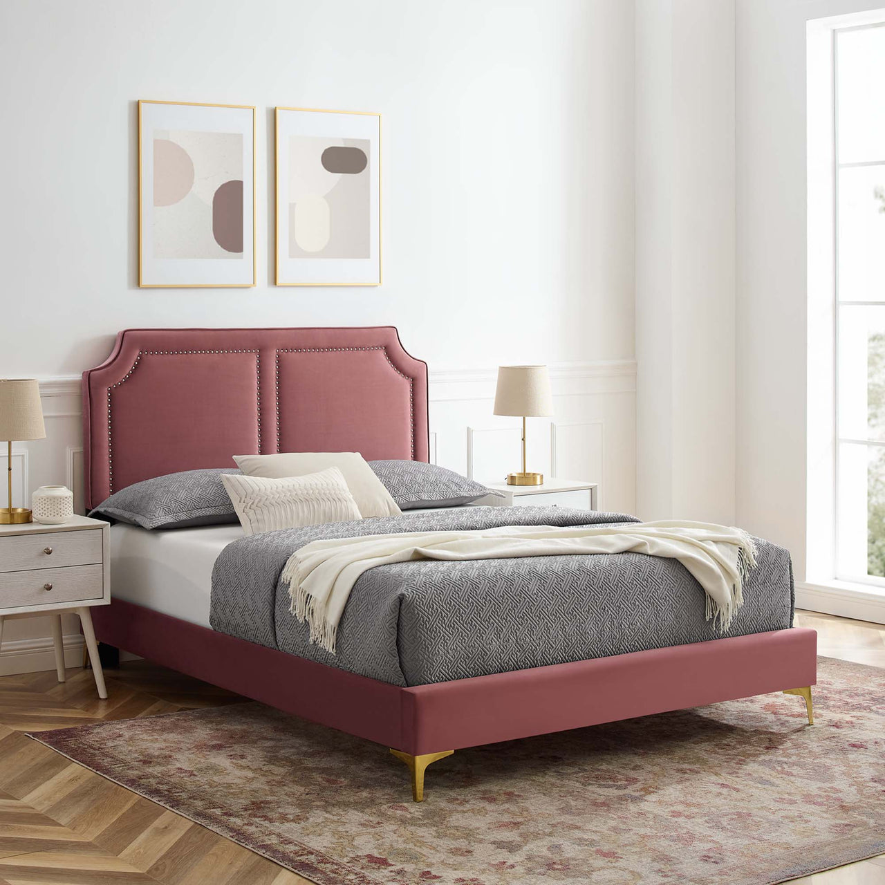 Talinova Upholstered Velvet Twin Bed, Dusty Rose & Gold