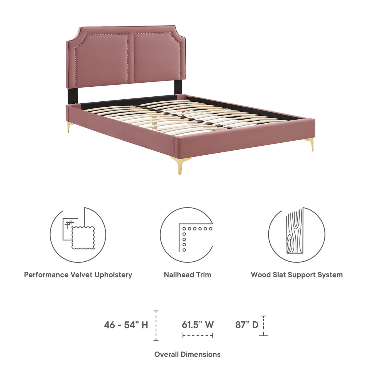 Talinova Upholstered Velvet Twin Bed, Dusty Rose & Gold