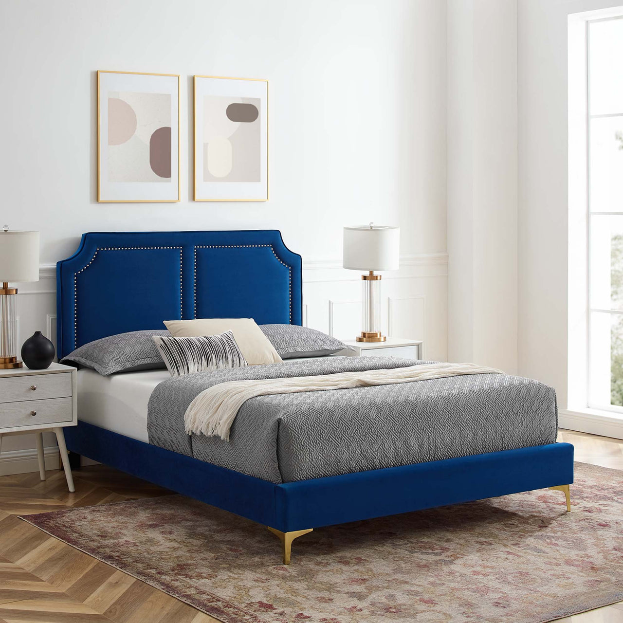 Talinova Upholstered Velvet Twin Bed, Navy