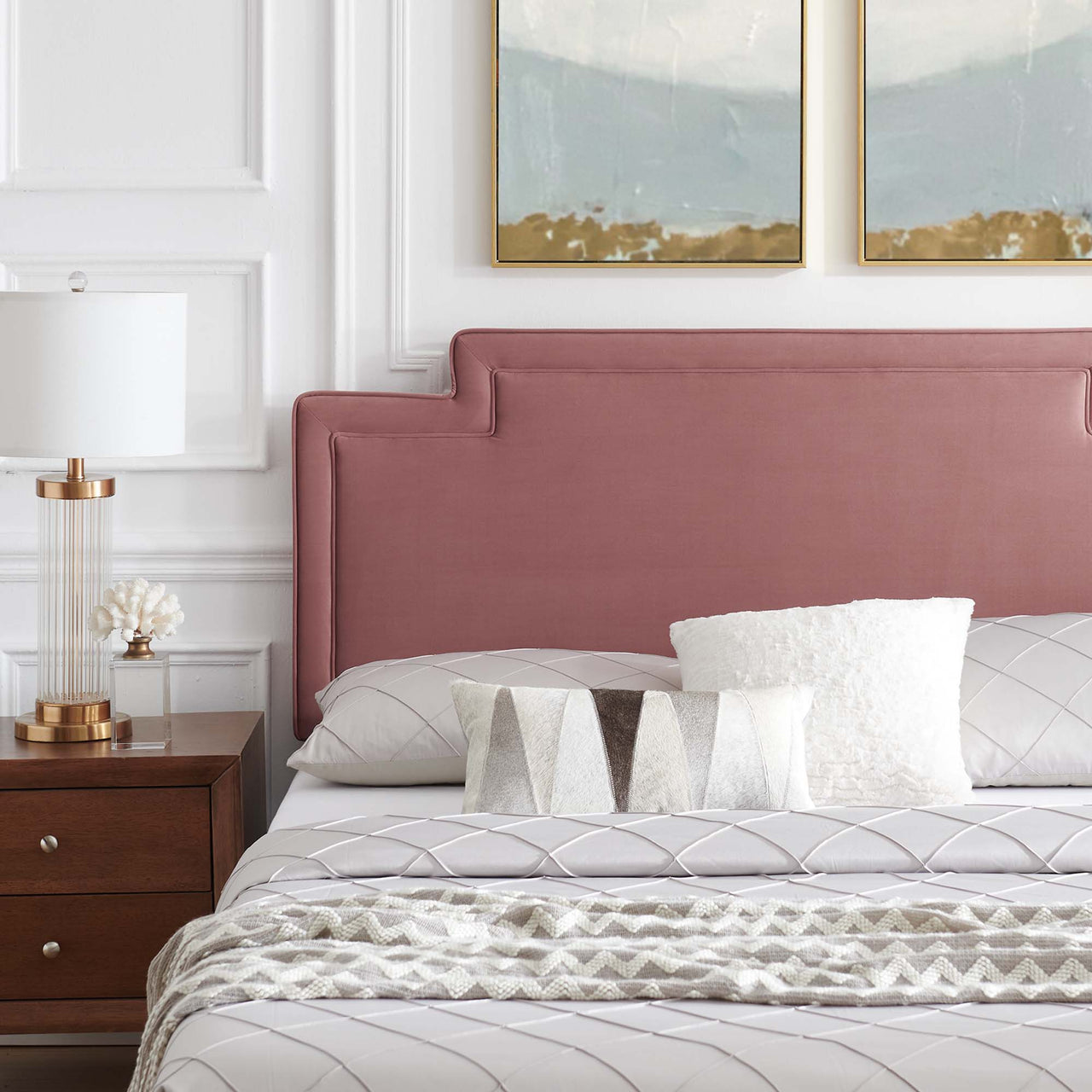 Valonna Upholstered Velvet Twin Bed, Dusty Rose