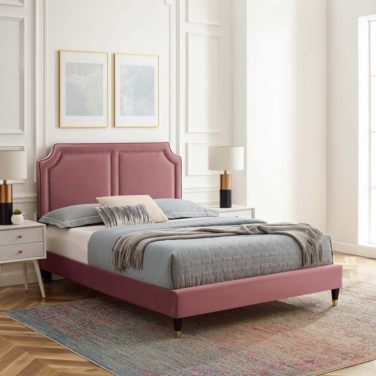 Talinova Upholstered Velvet Twin Bed, Dusty Rose