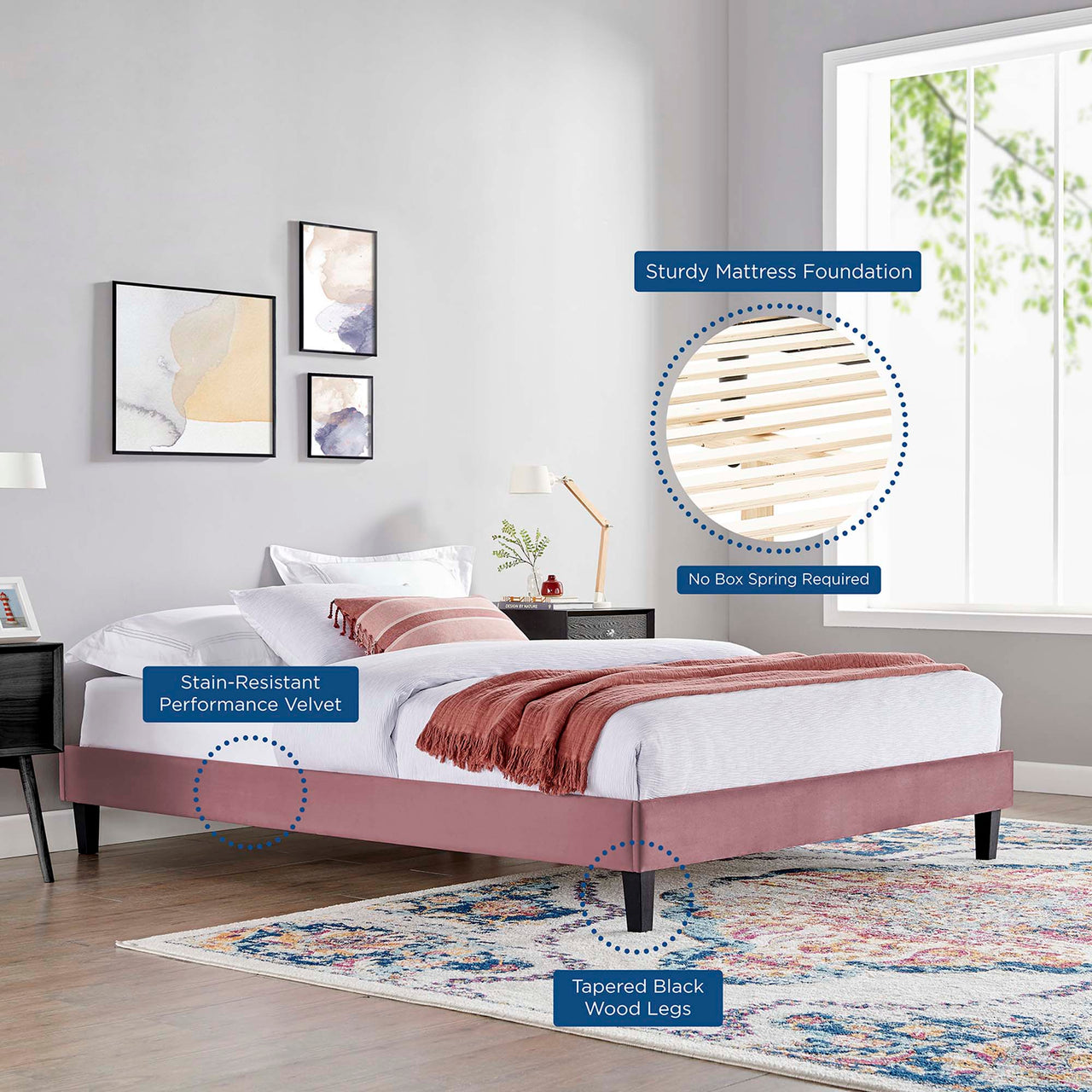 Valonna Upholstered Velvet Twin Bed, Dusty Rose