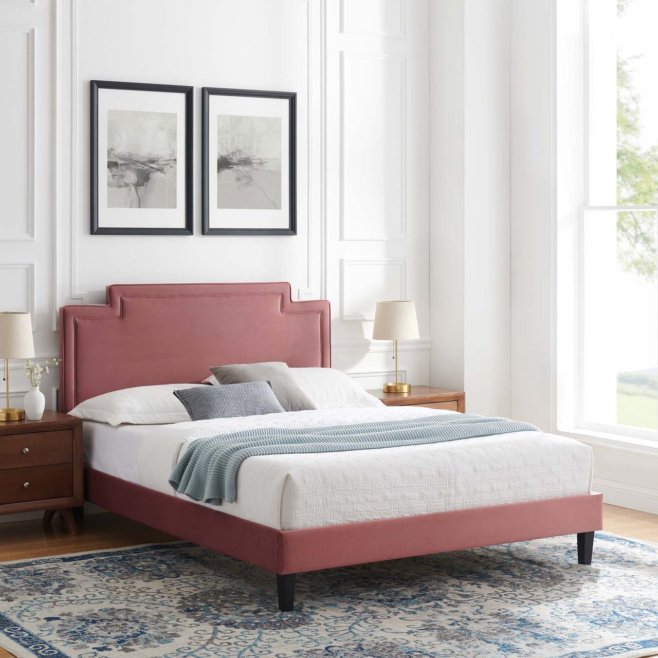 Valonna Upholstered Velvet Twin Bed, Dusty Rose