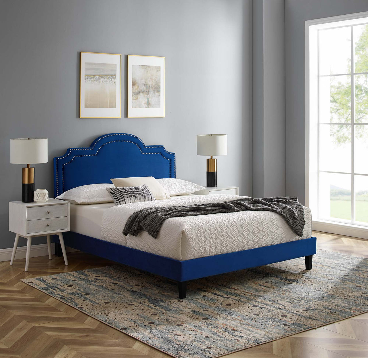 Ascend Velvet Queen Bed, Navy