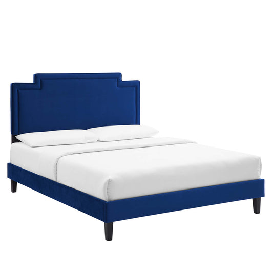 Valonna Upholstered Velvet Queen Bed, Navy