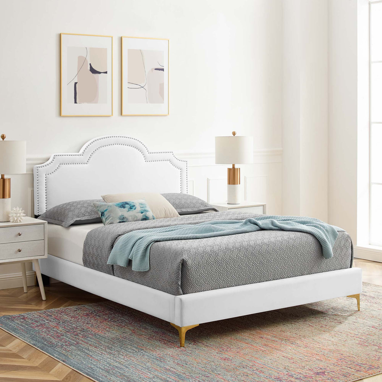 Ascend Velvet King Bed, White