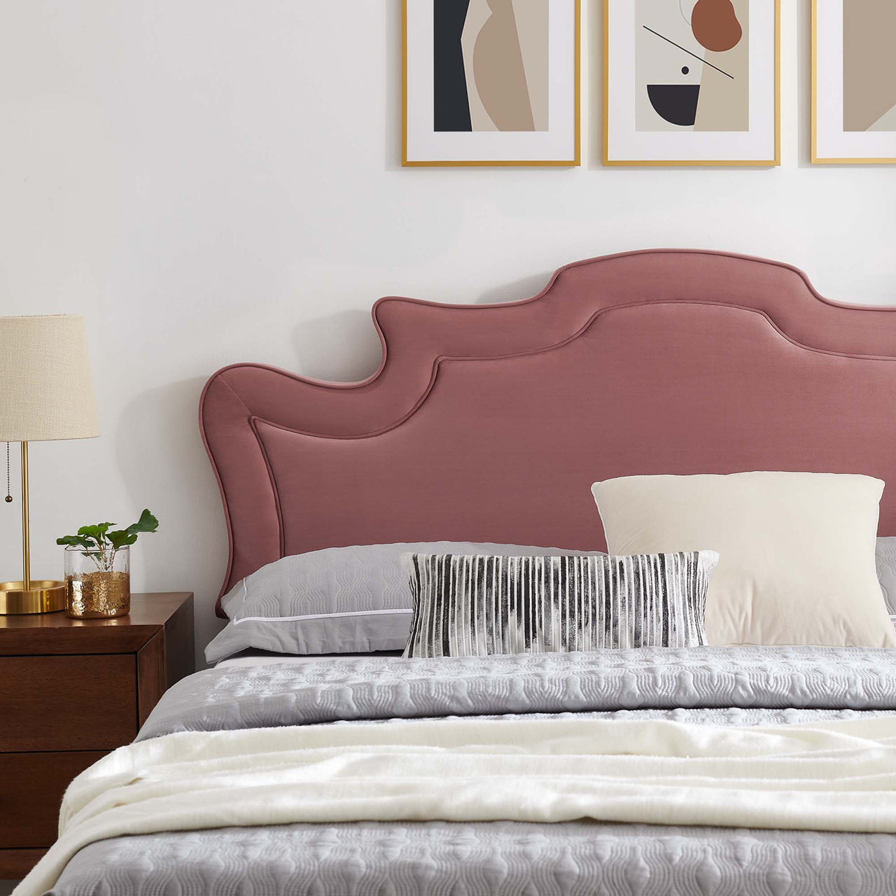 Kingdom Upholstered Velvet King Bed, Dusty Rose & Gold