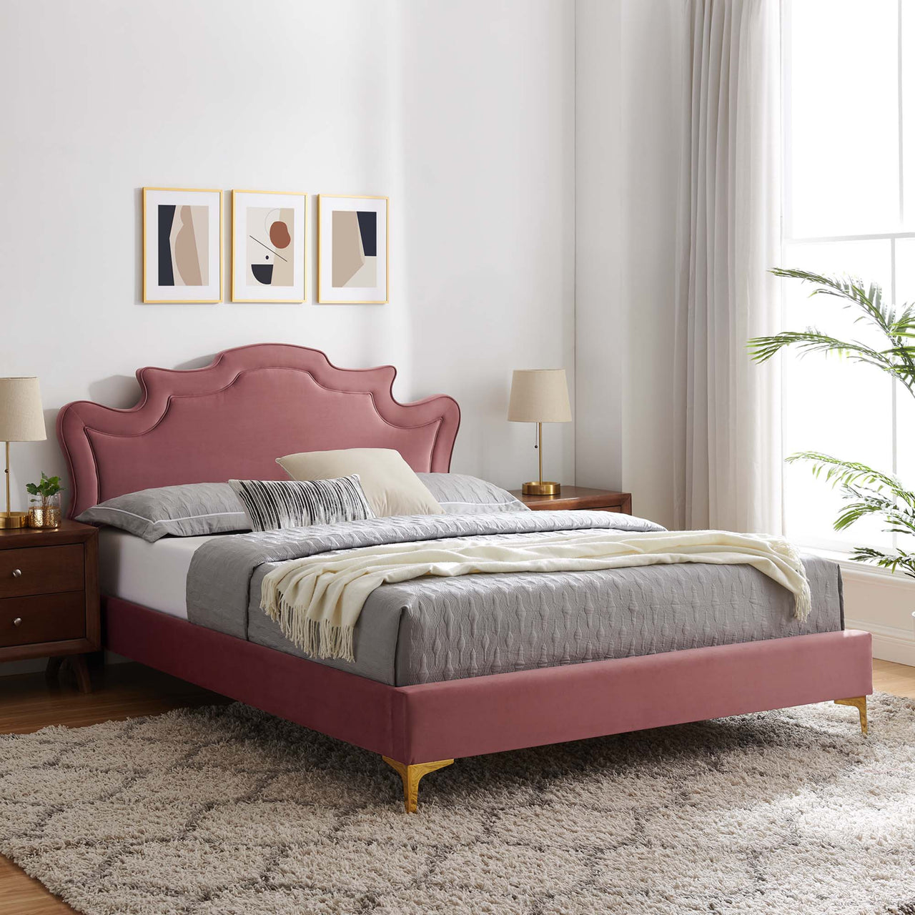 Kingdom Upholstered Velvet King Bed, Dusty Rose & Gold