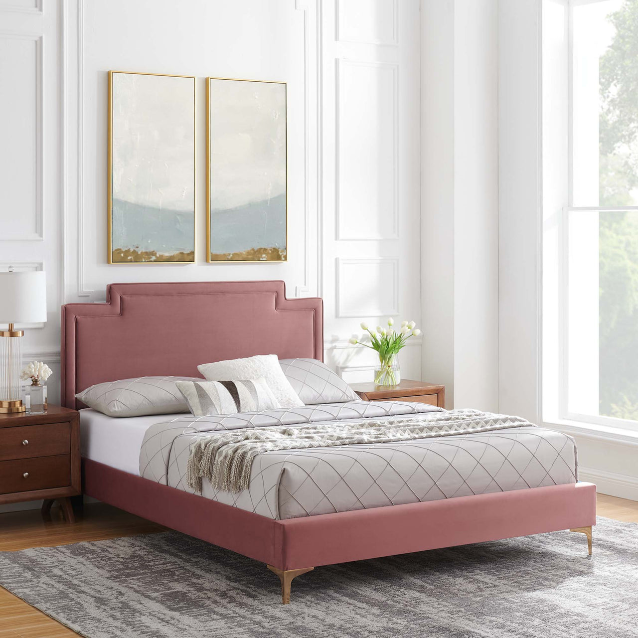 Valonna Upholstered Velvet King Bed, Dusty Rose