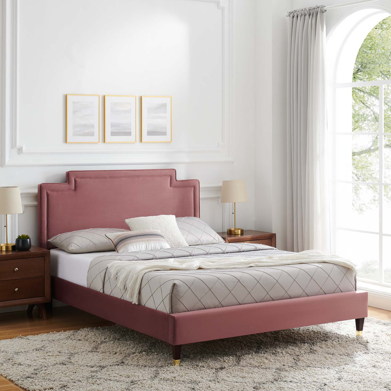 Valonna Upholstered Velvet King Bed, Dusty Rose