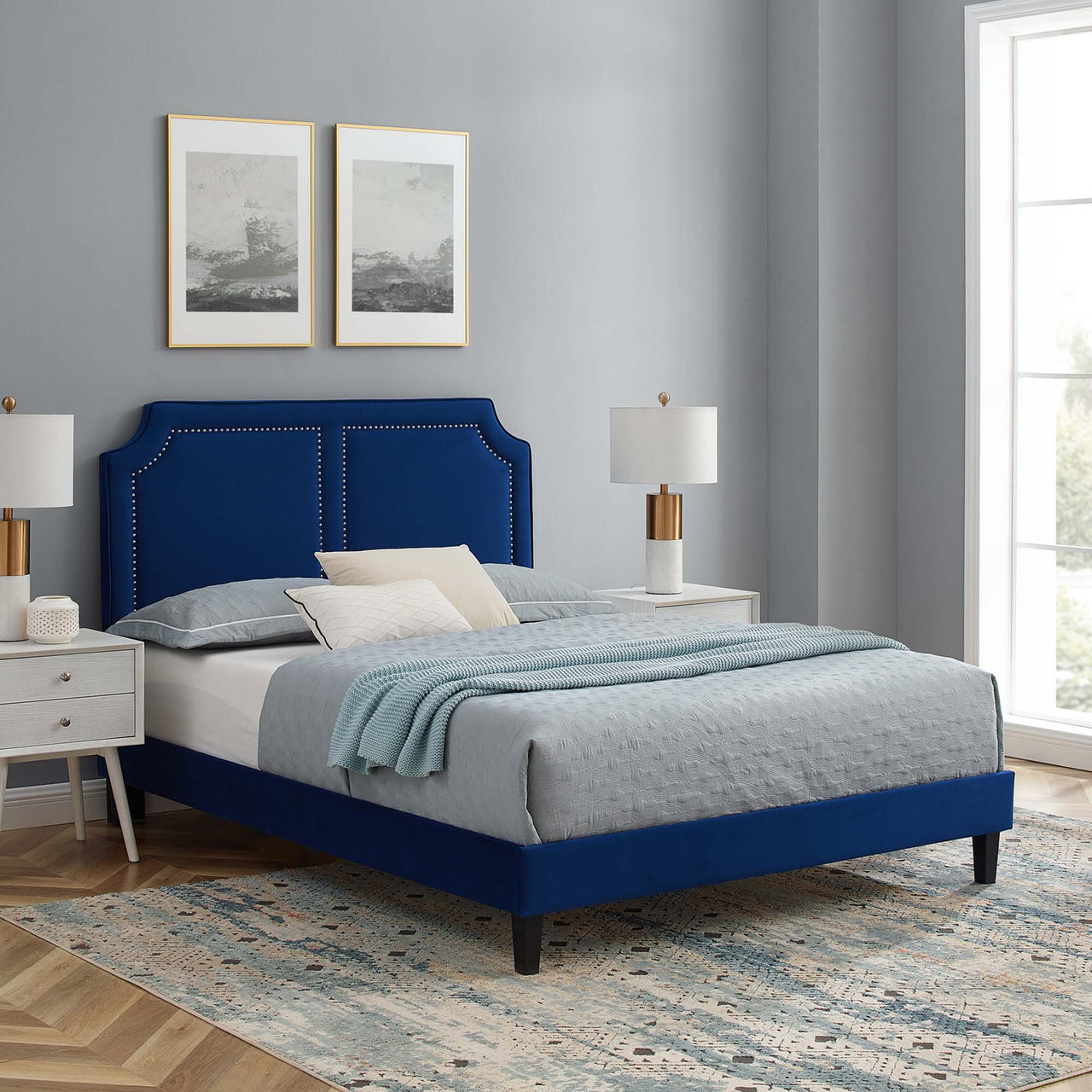 Talinova Upholstered Velvet King Bed, Navy