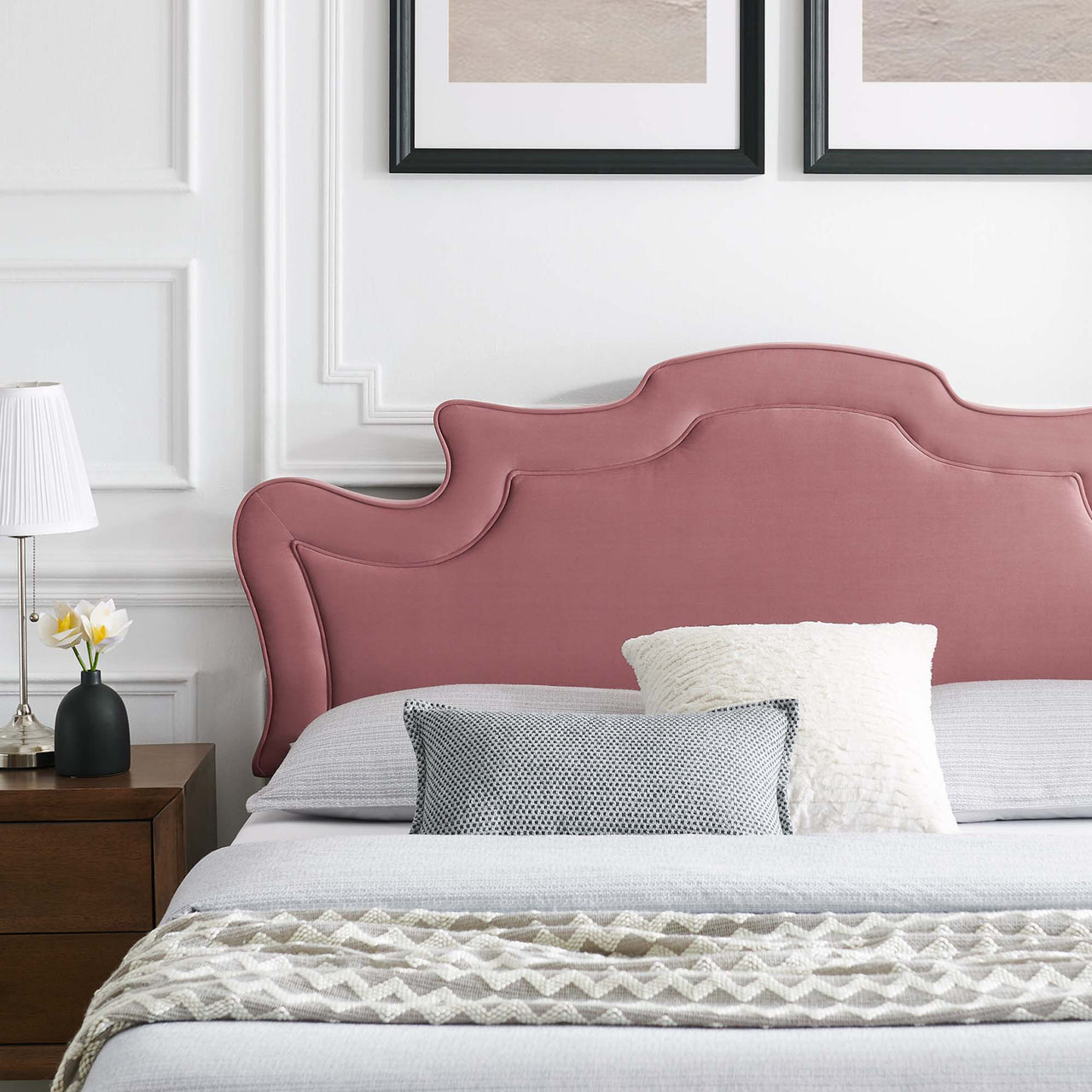 Kingdom Upholstered Velvet King Bed, Dusty Rose & Black
