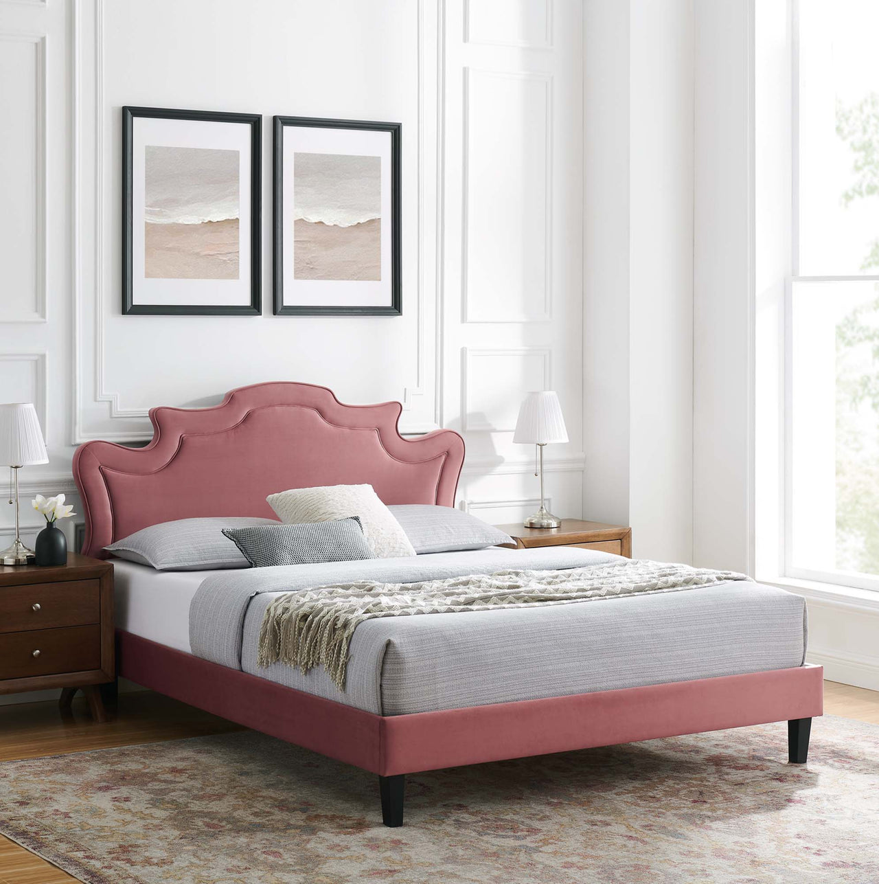 Kingdom Upholstered Velvet King Bed, Dusty Rose & Black