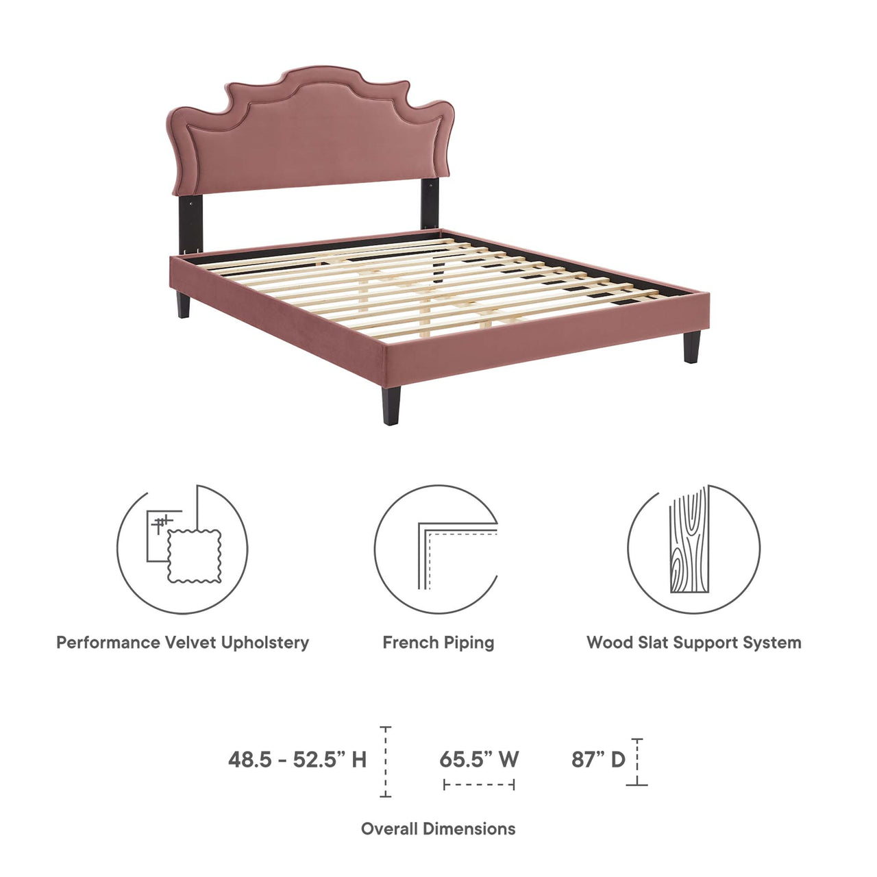 Kingdom Upholstered Velvet King Bed, Dusty Rose & Black
