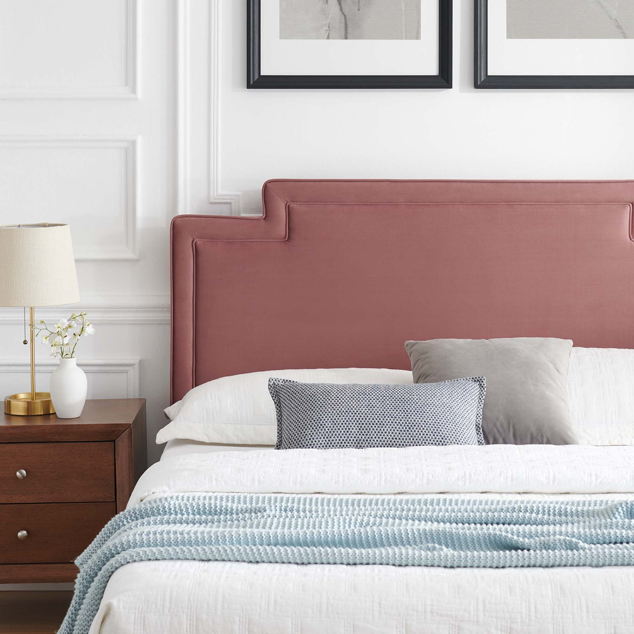 Valonna Upholstered Velvet King Bed, Dusty Rose