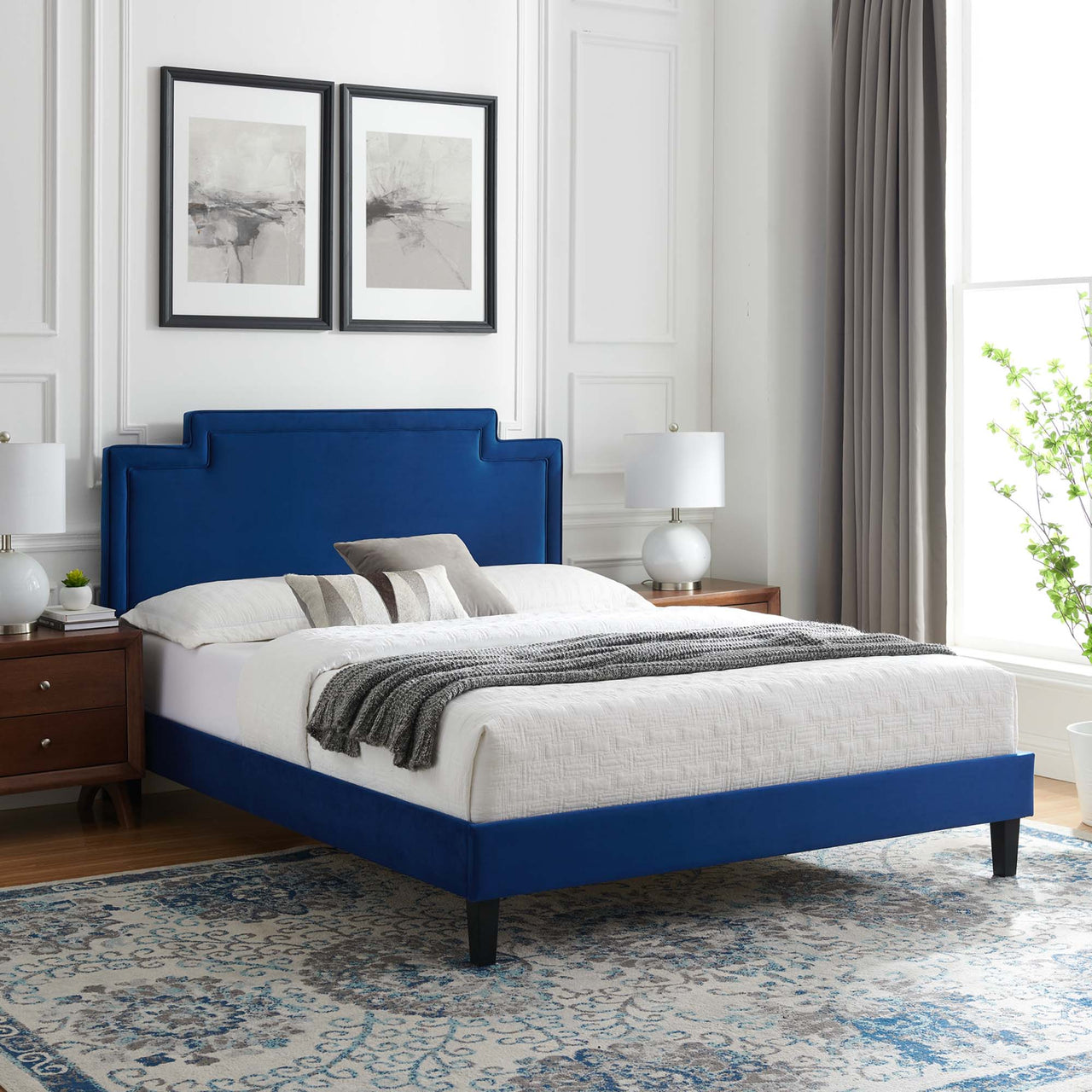 Valonna Upholstered Velvet King Bed, Navy